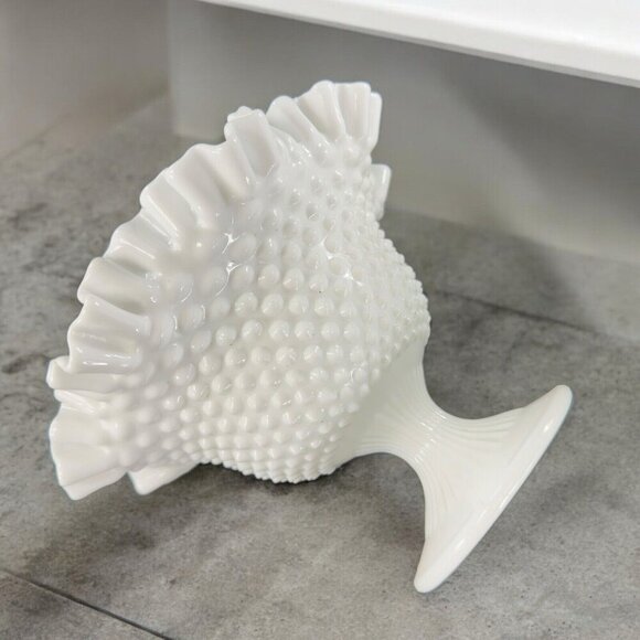 Fenton White Hobnail Footed Compote Ruffled Rim Edges Pedestal Bowl Dish Vintage - Picture 3 of 16
